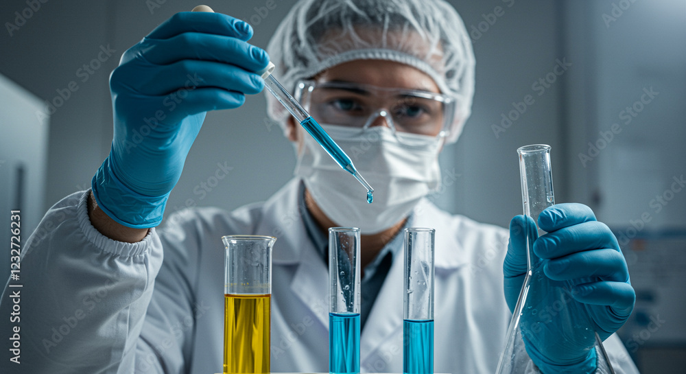 Poster scientist in lab coat uses pipette to fill test tubes with blue liquid. scientist in laboratory work