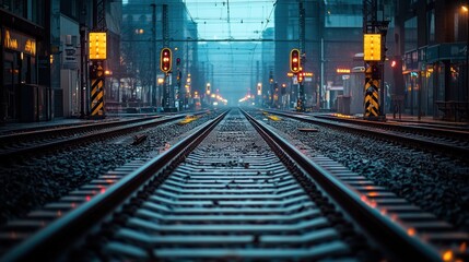 Obraz premium City train tracks, misty dawn, urban commute, travel