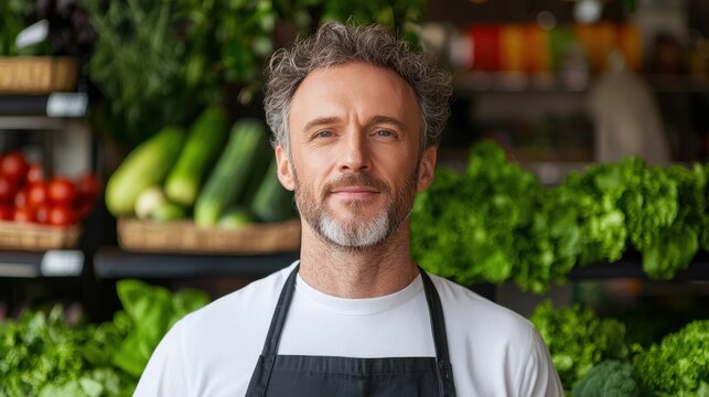 Middle Aged Man In Apron At Produce Market - Powered by Adobe