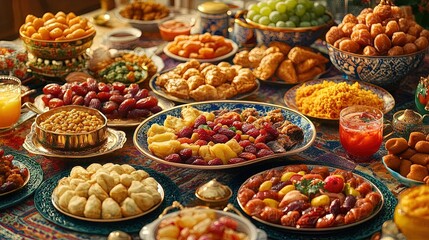 Obraz premium Islamic festival food spread with dates, sweets, and tea, colorful and celebratory setup 