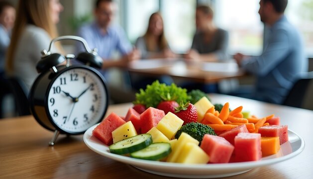Healthy fruit and vegetable snack prepared for a meeting.  A clock in the background emphasizes the importance of timely nutrition.