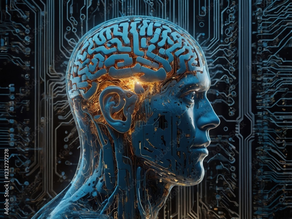 Poster exploration of information overload through a futuristic human head depicting a digital brain intert