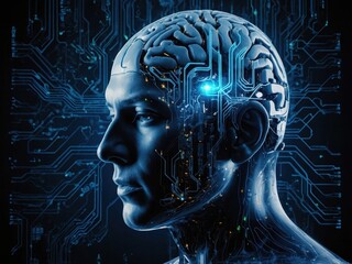 Obraz premium Exploring the intersection of technology and human cognition in a high-tech visualization of the human brain and circuitry