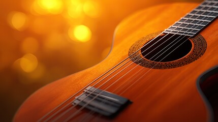 Close-up acoustic guitar, bokeh background, music, studio