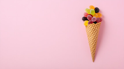 Ice cream cone with colorful gummy candies, set against a pastel pink background, creating a playful and sweet aesthetic.
