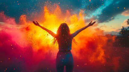 Naklejka premium Woman silhouetted against vibrant sunset, arms outstretched, surrounded by colorful powder explosion.
