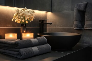Elegant Modern Bathroom Decor with Candles and Fresh Flowers