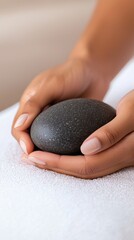 Close up of hands gently holding a dark gray, speckled oval stone. The hands are tan, with neatly manicured nails, resting on a white, fluffy towel. Soft, warm lighting enhances the serene atmosphere.