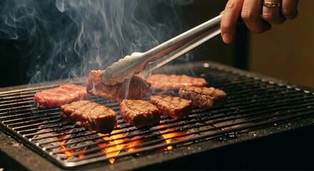 トングで肉を焼いている人