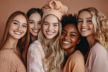 Fototapeta premium Diverse Smiling Women Celebrating Friendship Against Brown Background