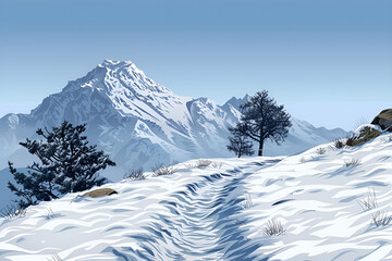 Fototapeta premium Winter landscape with snow-covered mountains and a winding path leading through a frozen terrain 