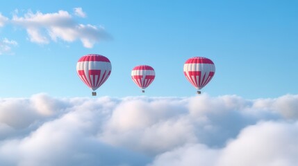Fototapeta premium three hot air balloons float above the clouds on a sunny day