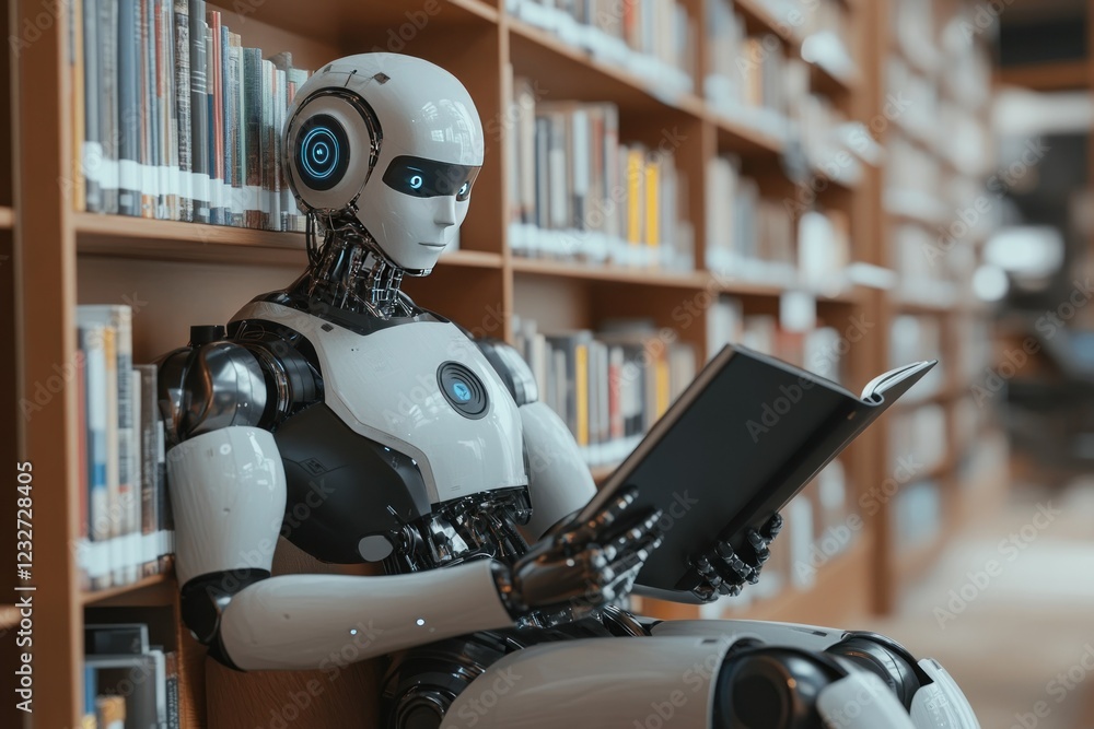 Aufkleber robot reading book in modern library setting with bookshelves