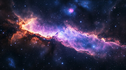 A vibrant nebula flows like a river of light and color across the vast expanse of space, illuminating the cosmos with its beauty