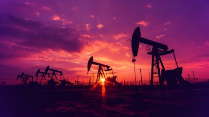 Naklejka premium Oil pumps stand in a field as the sun sets, casting a colorful glow in the sky. The silhouettes create a captivating visual against the purple and orange hues.