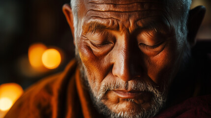 A close-up of a Tibetan monk's weathered face, his eyes closed in peaceful meditation, with soft candlelight reflecting on his serene expression