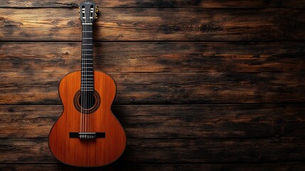 Naklejka premium Classical guitar on rustic wood background, copy space