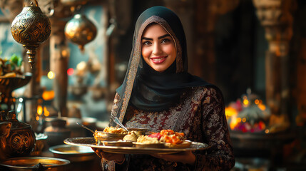A smiling woman in a black hijab traditional clothing holds a tray of Middle Eastern dishes in ornate setting, surrounded by decorative lanterns and warm lighting, symbolizing hospitality and culture
