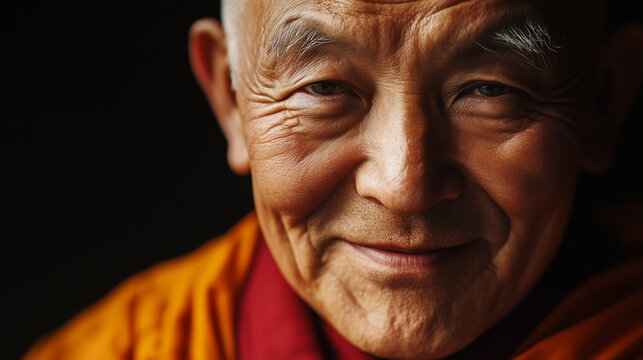 A close-up of a monk&Atilde;&Acirc;&cent;&Atilde;&Acirc;&Atilde;&Acirc;s face, smiling gently, with red and orange robes softly draped around his shoulders