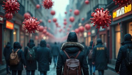 A person walks down a city street, unaware of virus-shaped balloons floating overhead, symbolizing a pandemic's presence in everyday life.