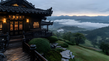 Mountaintop Asian house sunrise misty valley view