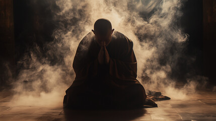 A monk bowing his head in reverence, the folds of his robe falling gracefully, with incense smoke swirling around him