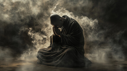 A monk bowing his head in reverence, the folds of his robe falling gracefully, with incense smoke swirling around him