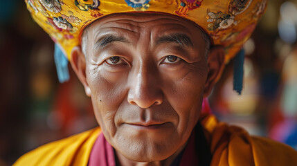 Obraz premium Close-up of a monk wearing a yellow ceremonial hat, his face glowing with calmness, surrounded by the vivid colors of Tibetan thangkas