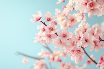 Delicate Cherry Blossom Blooms against a Soft Blue Sky Background