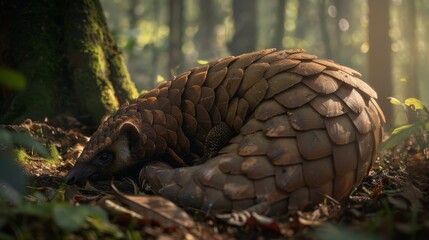 Obraz premium Enigmatic Encounter: A rare pangolin curled up in the serene depths of a forest, embodying the beauty of wildlife conservation.