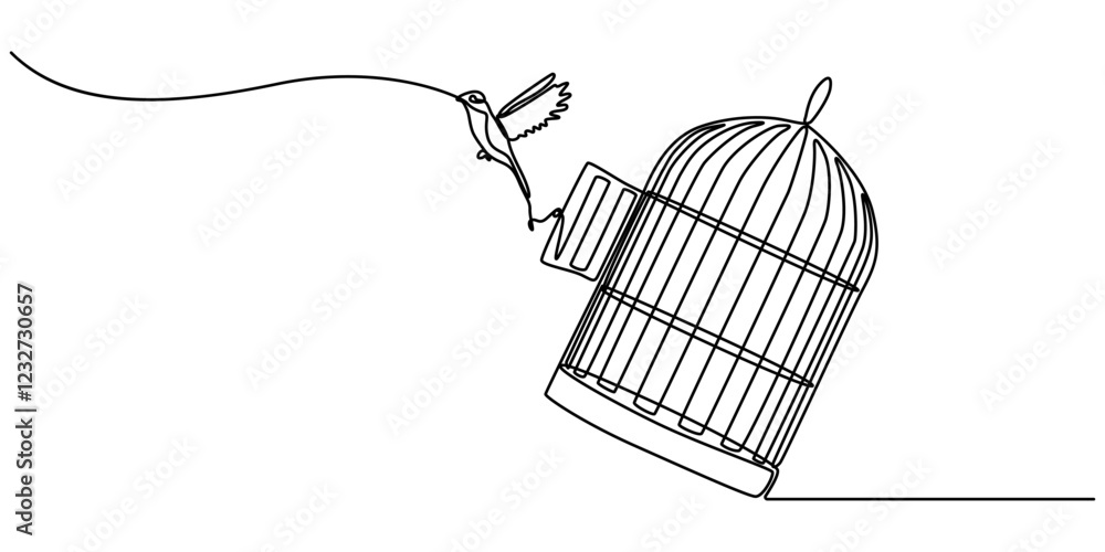 Poster bird released from birdcage continuous one line drawing, bird released from birdcage in continuous l