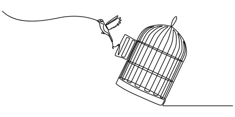 bird released from birdcage continuous one line drawing, Bird released from birdcage in continuous line art drawing style. Bird flying away from open cage, 