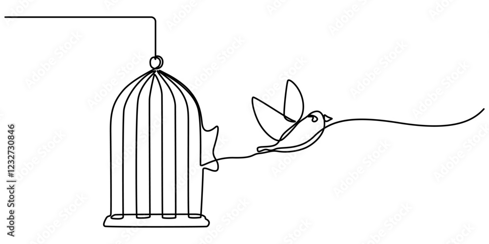 Poster bird released from birdcage continuous one line drawing, bird released from birdcage in continuous l
