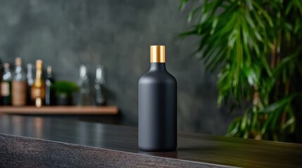 Elegant black bottle display modern bar setting product photography contemporary design close-up minimalistic aesthetic