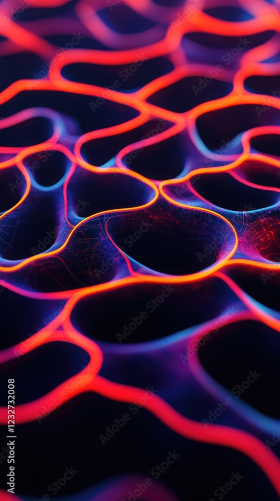 Poster an abstract close-up image showcasing vibrant neon patterns on a dark background, perfect for modern