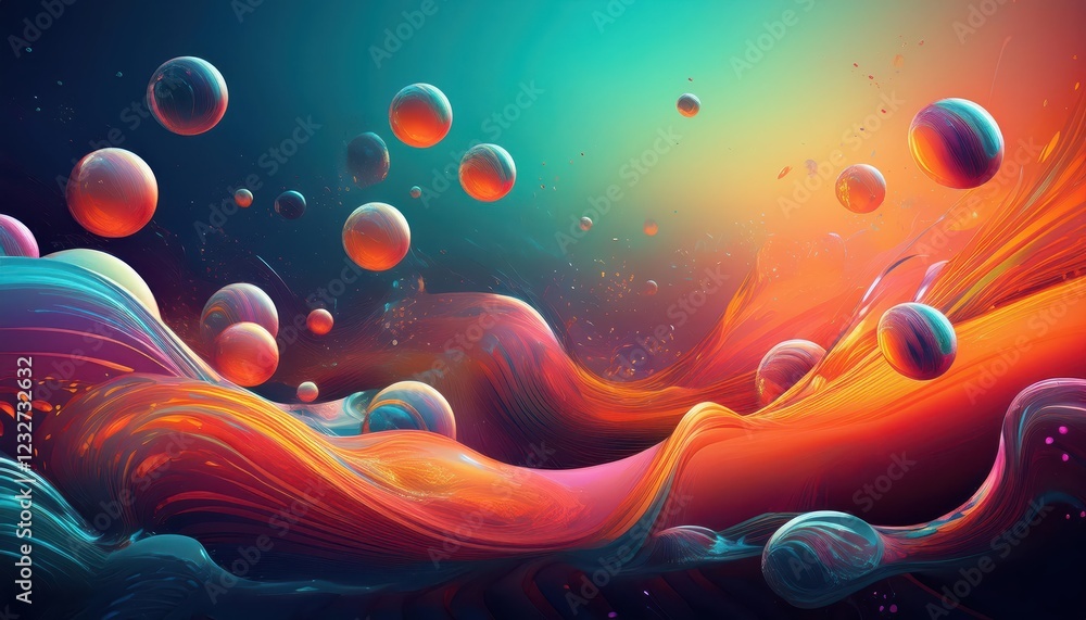 Poster vibrant abstraction floating colored bubbles amidst a kaleidoscope of hues, creating an engaging des