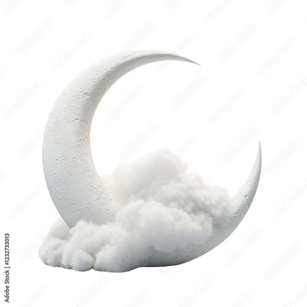 Poster a digital rendering depicts a white crescent moon nestled in a fluffy cloud formation against a blac