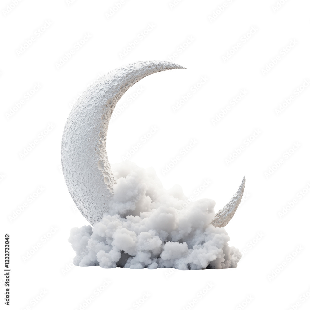 Aufkleber A 3D rendered image depicts a white crescent moon seemingly resting on a fluffy white cloud formation against a black background.