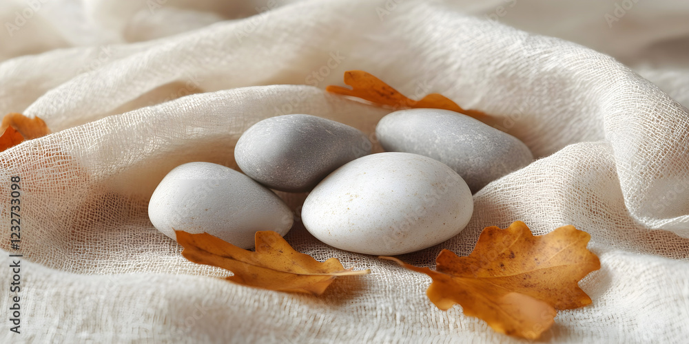 Poster smooth pebbles and dried autumn leaves on soft textured fabric, creating a natural and tranquil comp