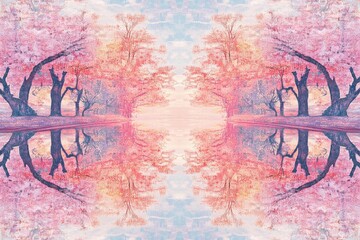 Scenic view of cherry blossom trees reflecting on a flowering avenue. cherry blossom