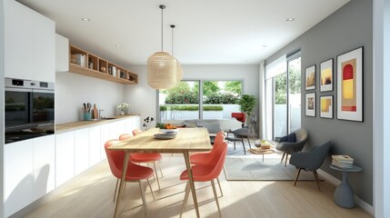 Modern Bright Kitchen and Dining Area with Stylish Furniture
