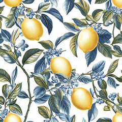 A beautiful painting of lemons and leaves in blue and white. The lemons are bright yellow and the leaves are a deep blue color. The painting has a serene and calming mood, with the blue