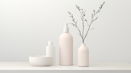 Elegant minimalist display of skincare products on a white table modern interior still life photography calm environment