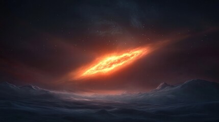 fiery cosmic phenomenon illuminates a snow-covered alien landscape