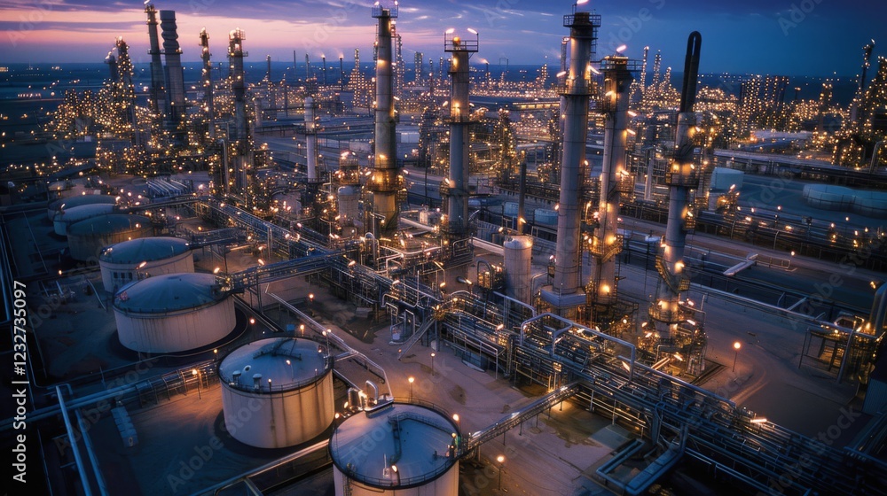 Poster at dusk, an industrial refinery comes to life with bright lights illuminating towering structures an