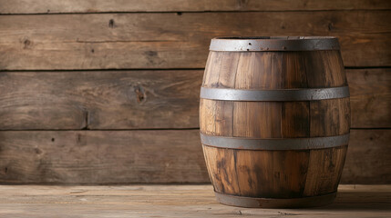 Fototapeta premium Old Wooden Oak Barrel with Metal Bands on Vintage Background