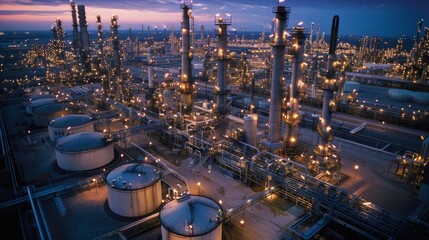 Fototapeta premium At dusk, an industrial refinery comes to life with bright lights illuminating towering structures and storage tanks, creating a striking view against the evening sky.