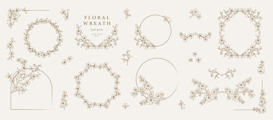 Floral frames set with blooming branches, leaves, flowers in line art. Botanical border, wreath, corner. Vector elements for label, branding, wedding invitation, save the date, monogram, logo, © Victory