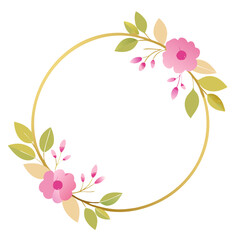 Watercolor pink floral wreath with golden circle
