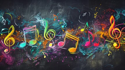 Vibrant and joyous musical notes are dancing beautifully across a captivating starry cosmic backdrop in the night